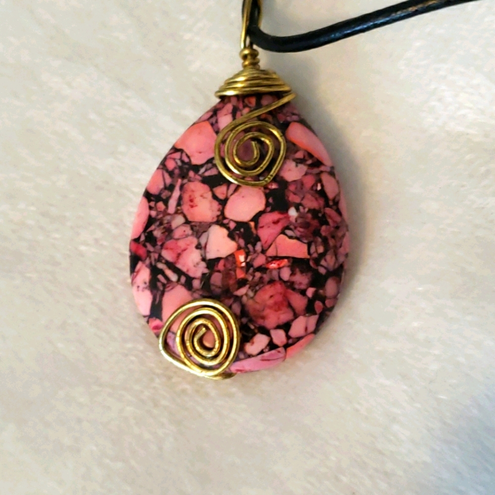 Wire Wrapped Pink Mosaic Stone Necklace